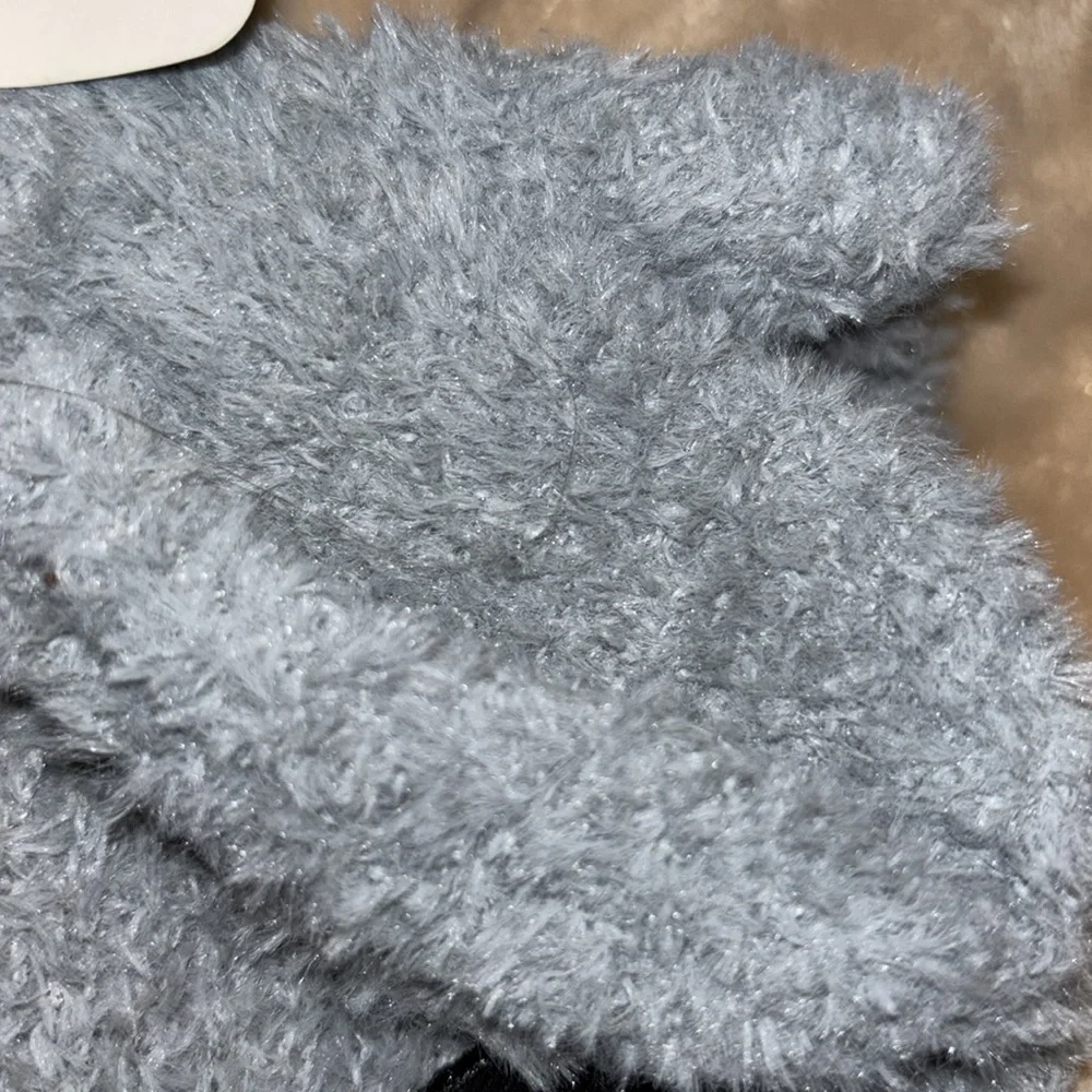 Bunny and Kitten beanie & mittens. Cream bunny, gray kitty Fingerless mittens